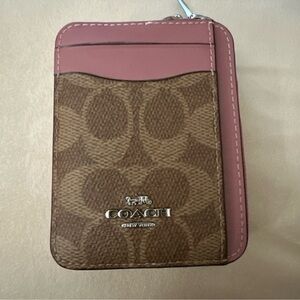 Coach Outlet Zip Card Case In Signature Canvas Tan/Dusty Pink, New, Price Firm